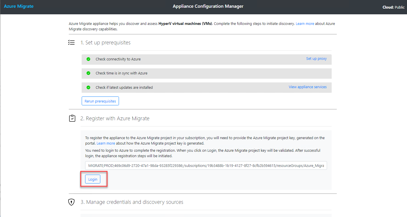 Logging in to Register with Azure Migrate section