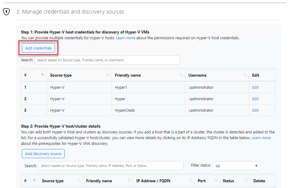 Add credentials for accessing your Hyper-V host