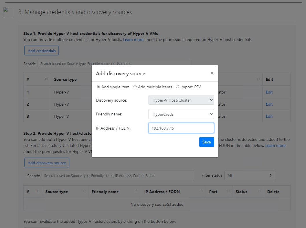 Add the ip or hostname of your Hyper-V host 