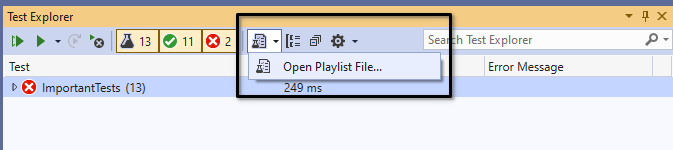 Open a playlist file from the Test explorer