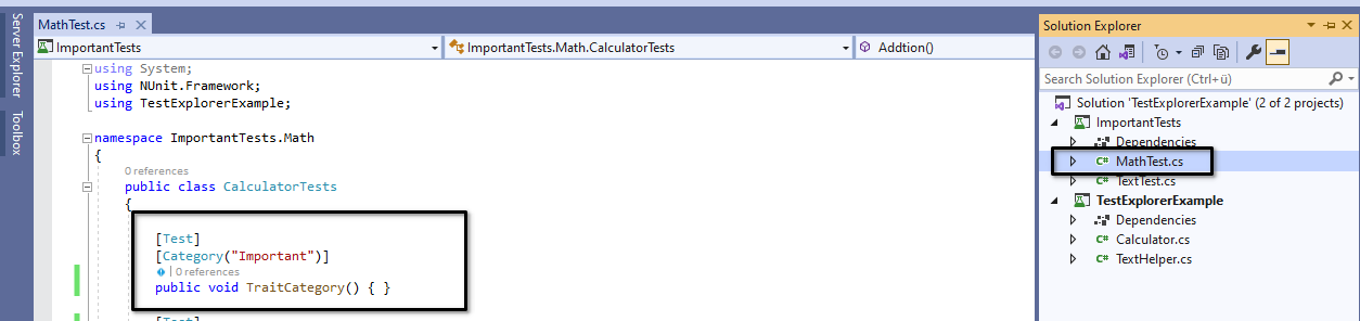 The new test method with a Trait in the MathTest.cs file