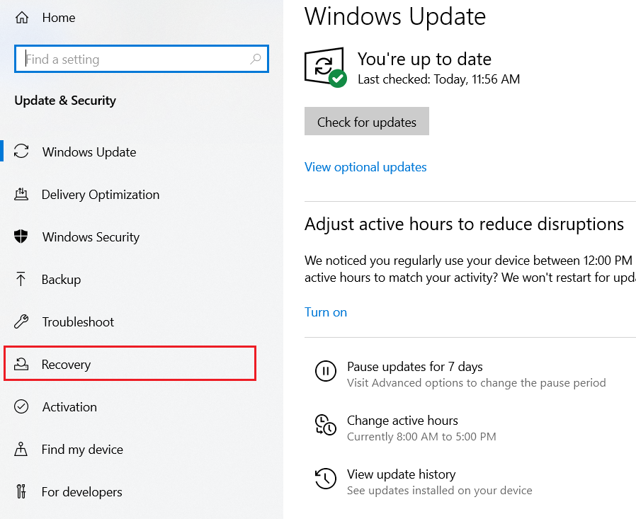 Control Panel - Windows Update & Security window