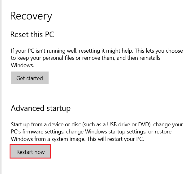 Control Panel - Recovery window