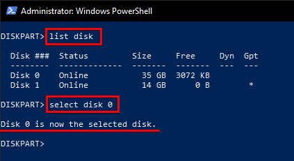 diskpart selecting a Disk