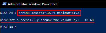 Shrinking Volume with Diskpart