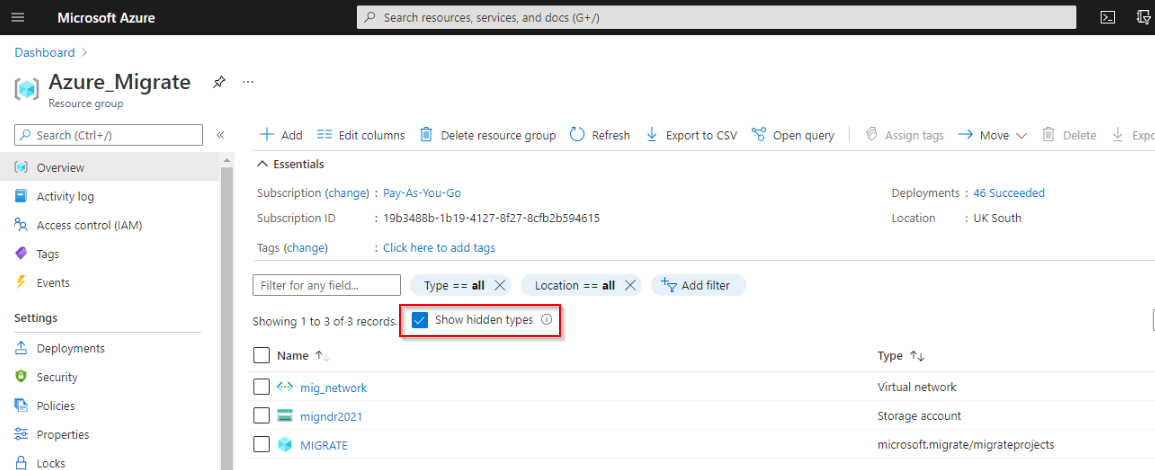 The resource group Azure_Migrate displaying the 'Hidden' objects, in this case a migrate project