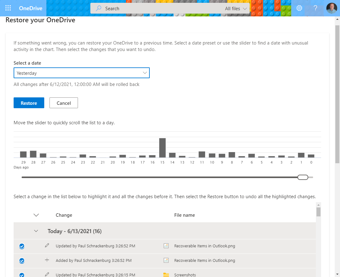 Restoring OneDrive for Business to a previous point in time