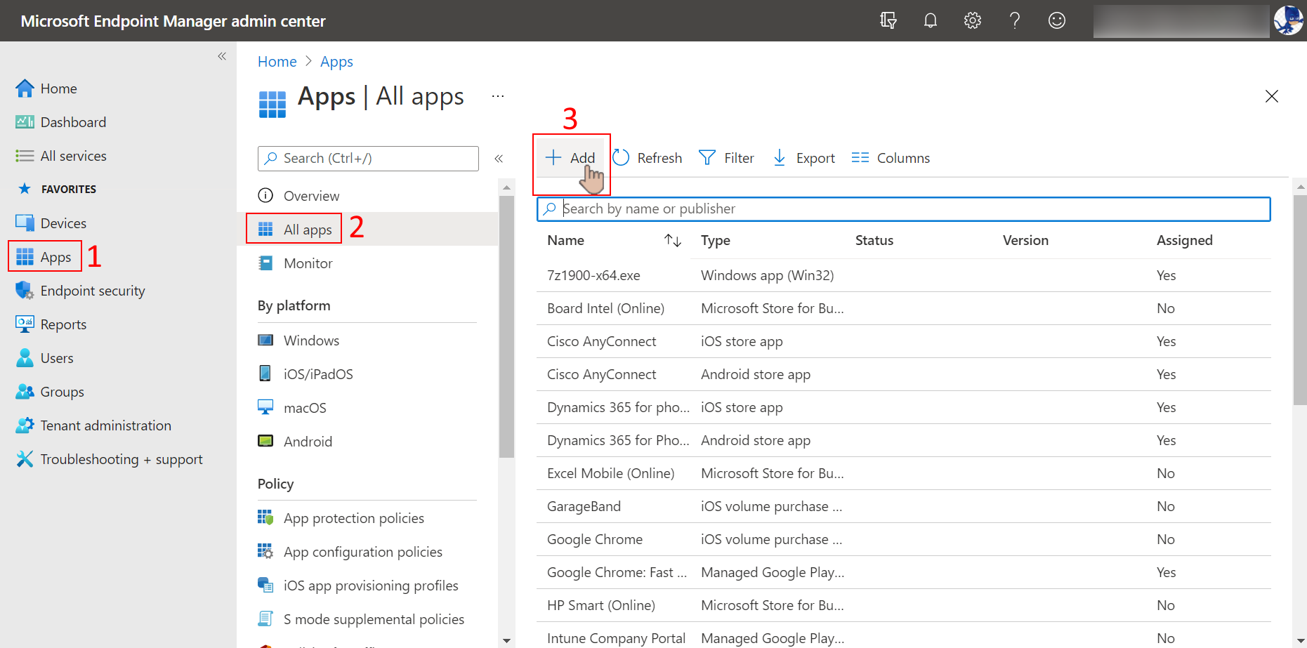 Adding the app in the Endpoint Manager admin center