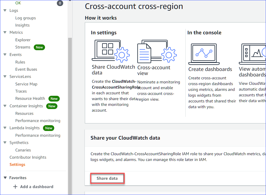 Opening Share your CloudWatch data settings