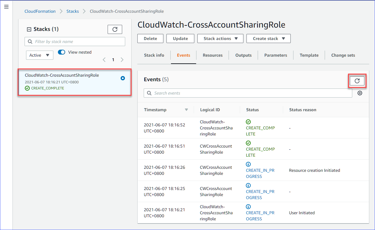 Viewing the stack creation progress