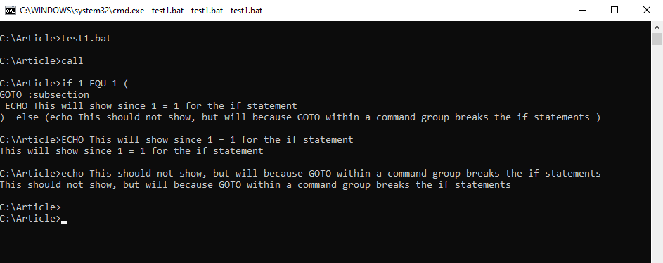 Demonstrating how a command group with a GOTO statement breaks an if statement