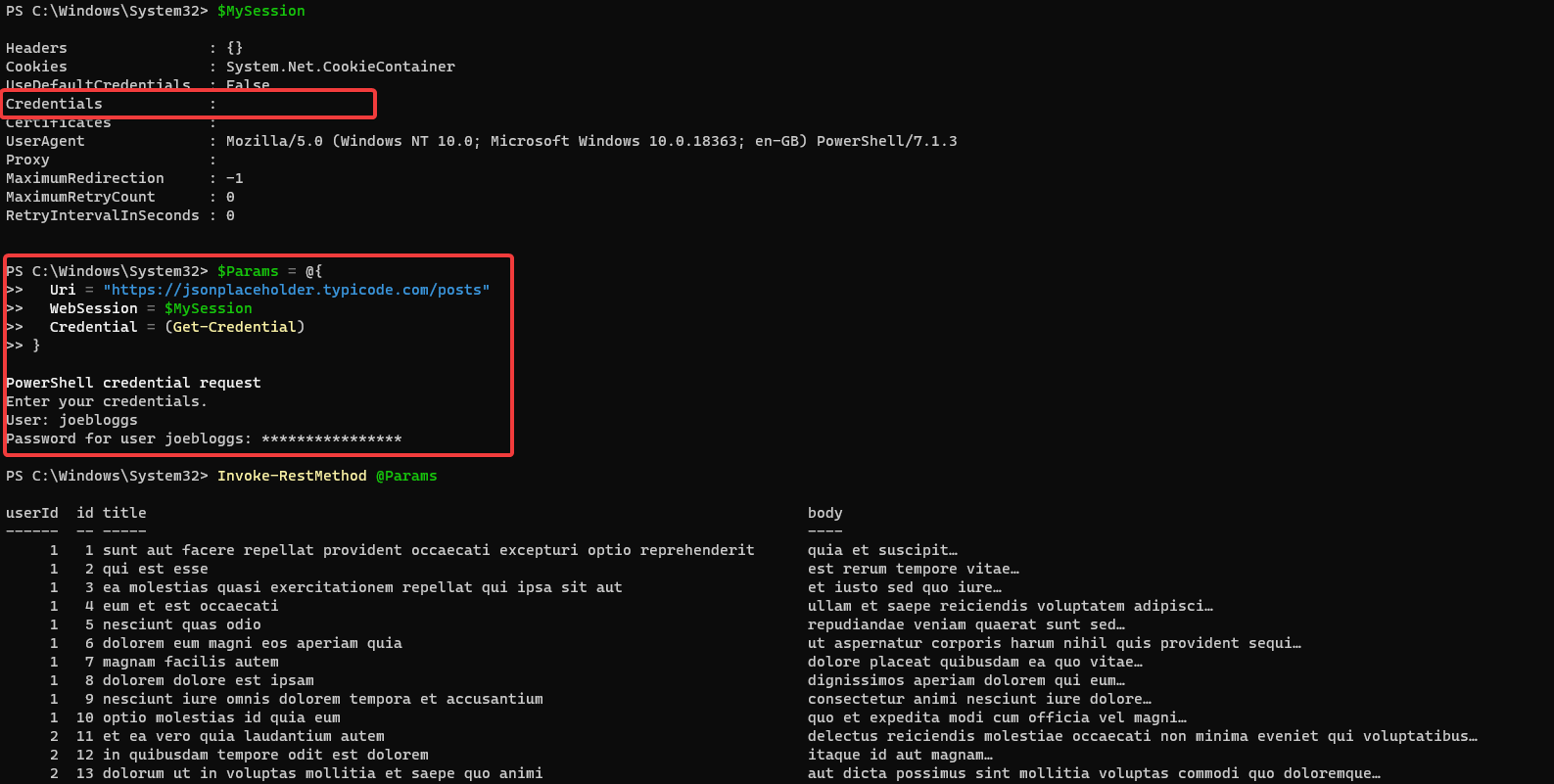 Overriding Credentials value in session variable ($MySession) by specifying the Credential parameter.