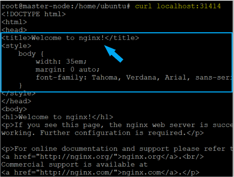 Testing the NGINX service on MASTER Node listening on Port 31414