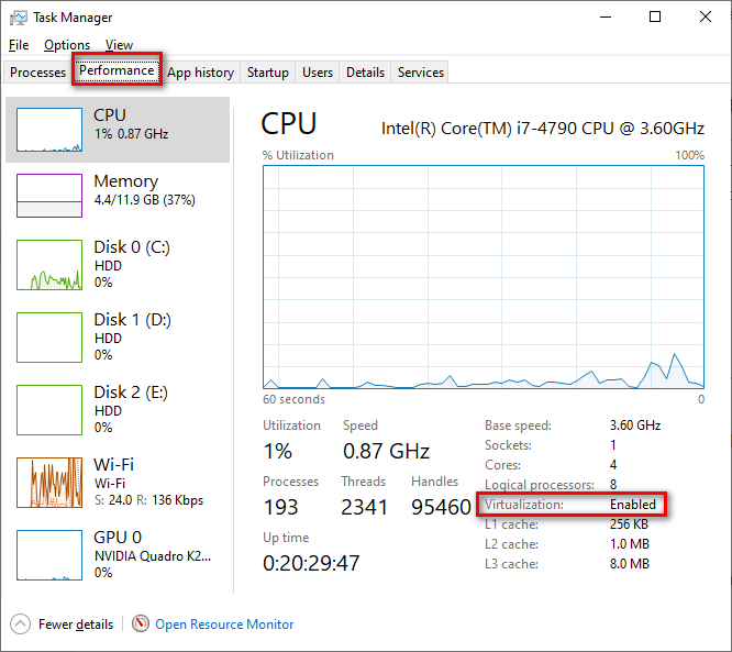 Checking whether virtualization is enabled via Task Manager