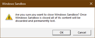 Windows Sandbox warning before shutdown
