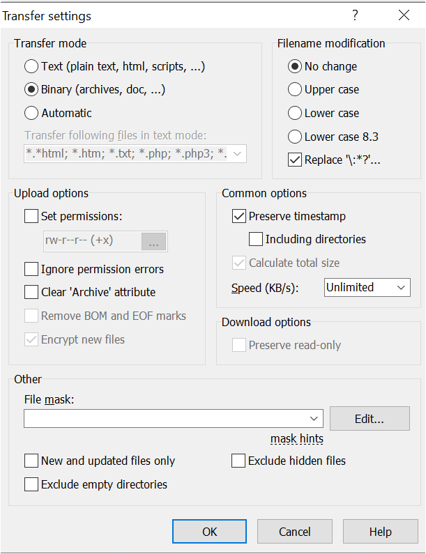 Transfer Setting options