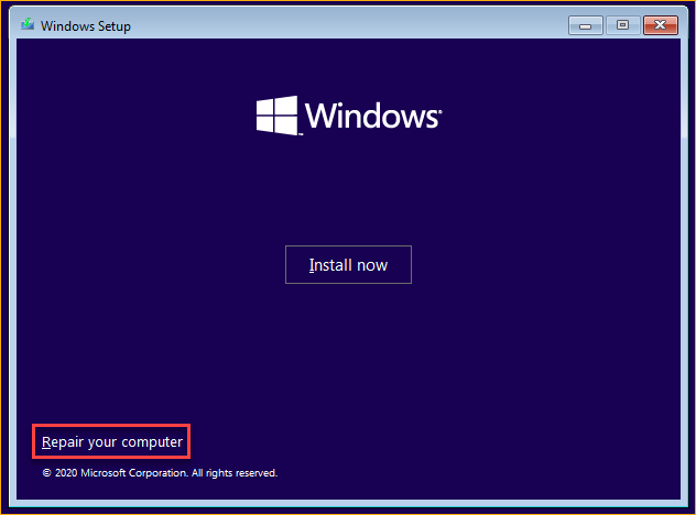 Clicking Repair your computer on the Windows setup