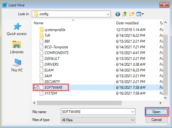 Selecting the registry hive to load