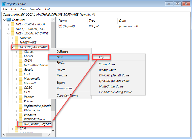 Creating a new key in the offline registry editor
