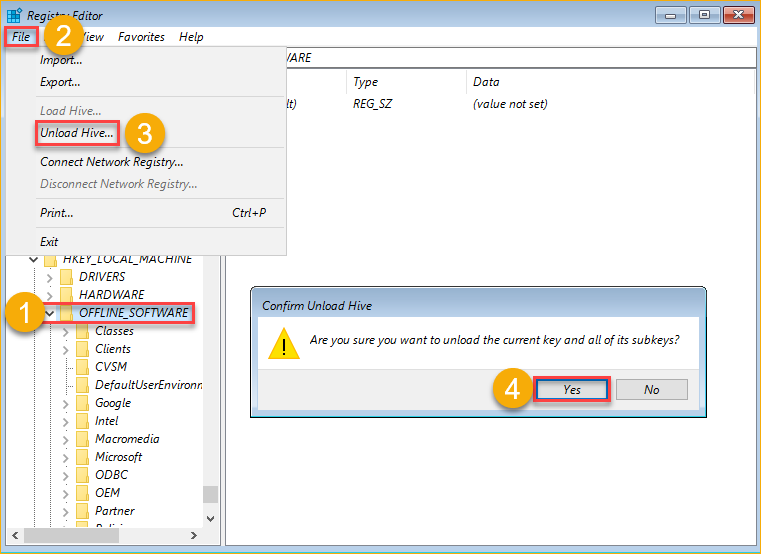 Unloading the offline registry file