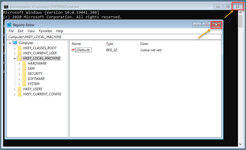 Closing the offline registry editor and the command prompt