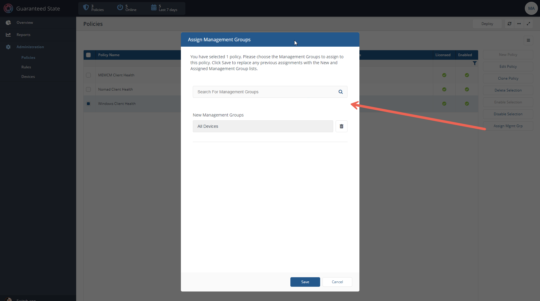 Assigning an existing policy to a management group