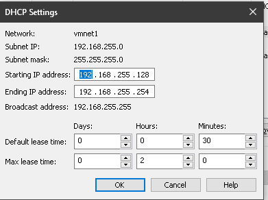 DHCP Settings for a host only network.
