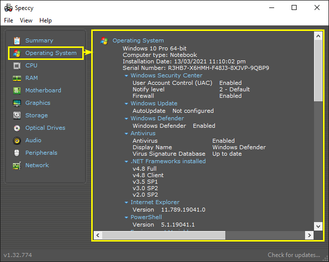 Viewing Windows OS Information via Speccy