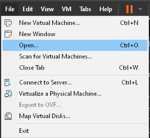 Selecting File → Open in VMWare Workstation