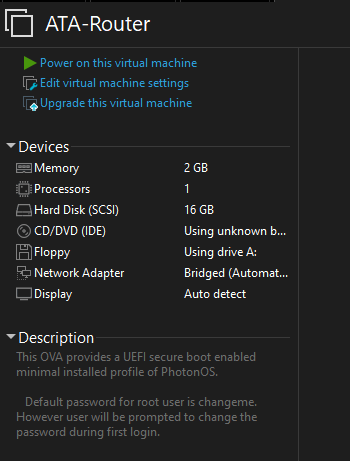 Information shown about the newly imported VM.