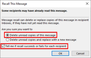 if you recall a message in outlook does the recipient know