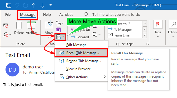 Message menu. How to recall an email in Outlook. How to recall a message in Outlook. Outlook how recall mail. Отозвать сообщение в Outlook.