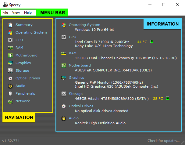 Speccy's Interface Overview