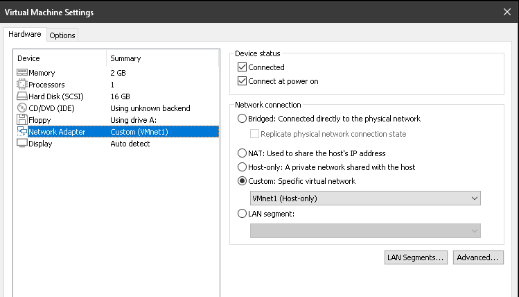 ATA-VM1 with Network Adaptor set to Custom(VMnet1)