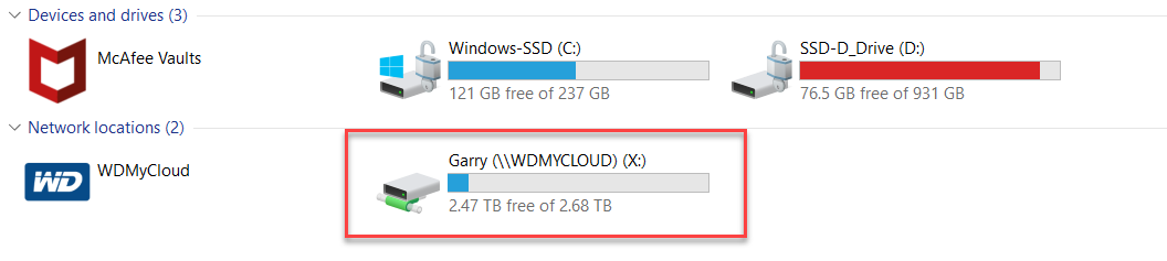 File explorer mapped drive displayed