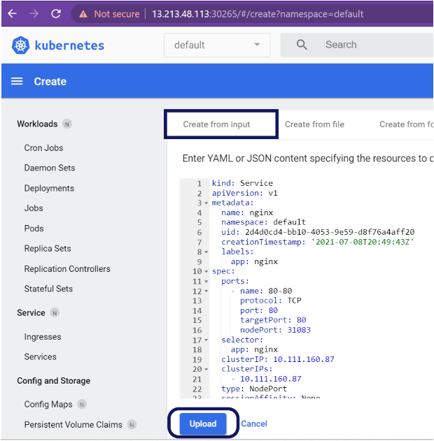 Creating the service in the Kubernetes dashboard.