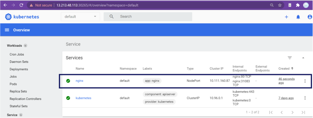 NGINX service is deployed on the Kubernetes dashboard.