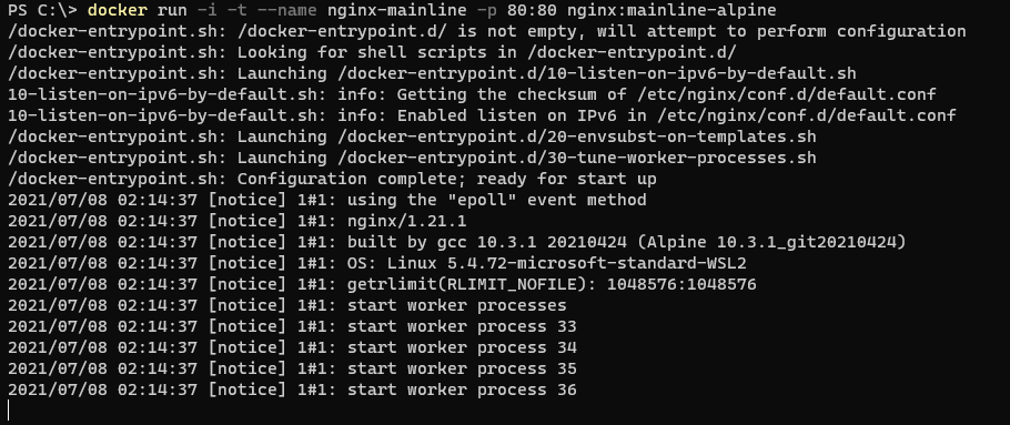 Starting the NGINX container interactively.