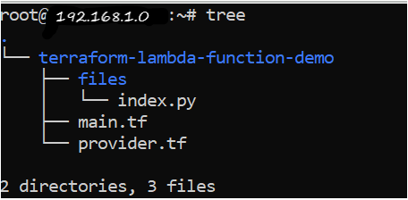 tree command displaying all the Terraform configuration files required for the lambda function