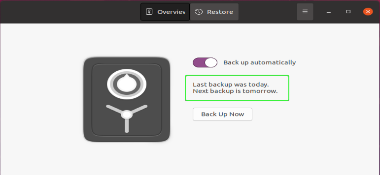 Deja Dup main menu - automatic daily backup