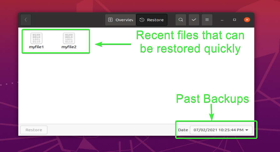 Choosing files to restore with Deja Dup