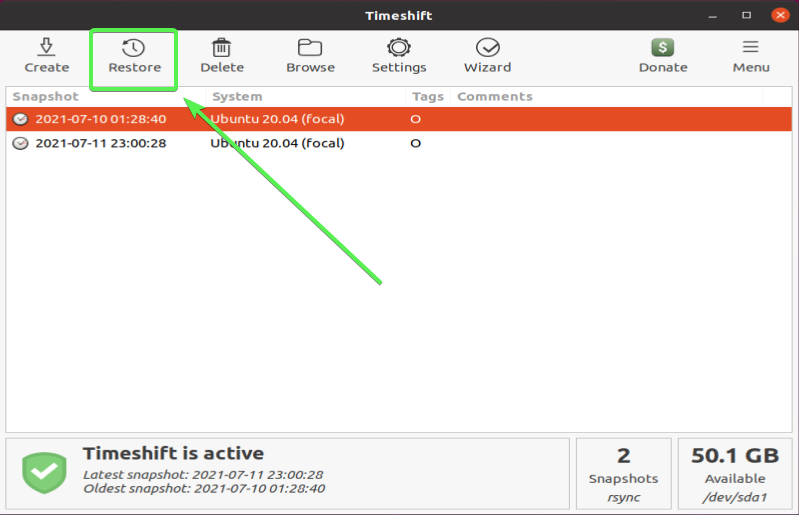 Timeshift GUI - Restore button