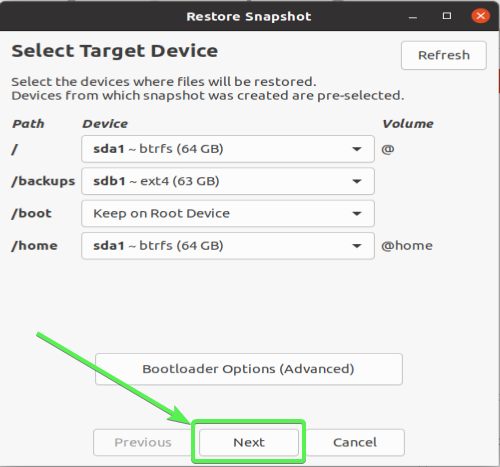 Timeshift GUI - Restore to the target device 