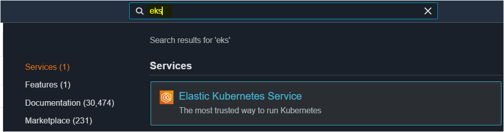 Navigating to the EKS service 