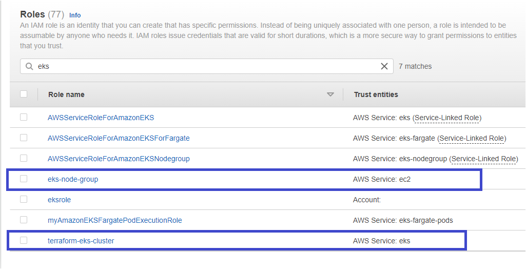 Node Role and EKS cluster role. 