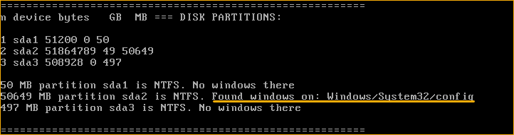 NTPasswd automatically detects possible Windows installation partitions 