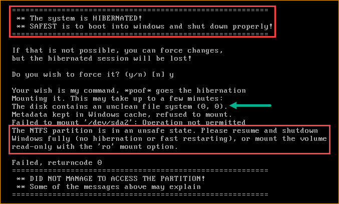 The NTFS partition is in an unsafe state error