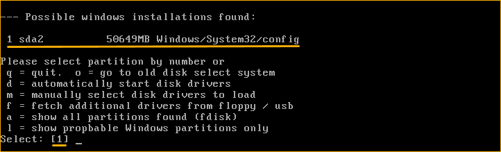 Selecting the Windows installation partition