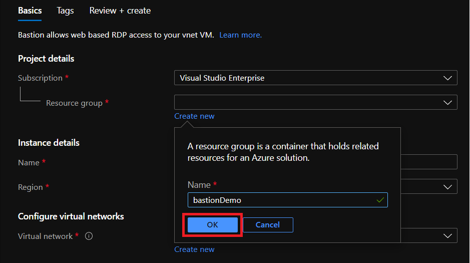 Creating a new Resource Group for deploy Azure Bastion