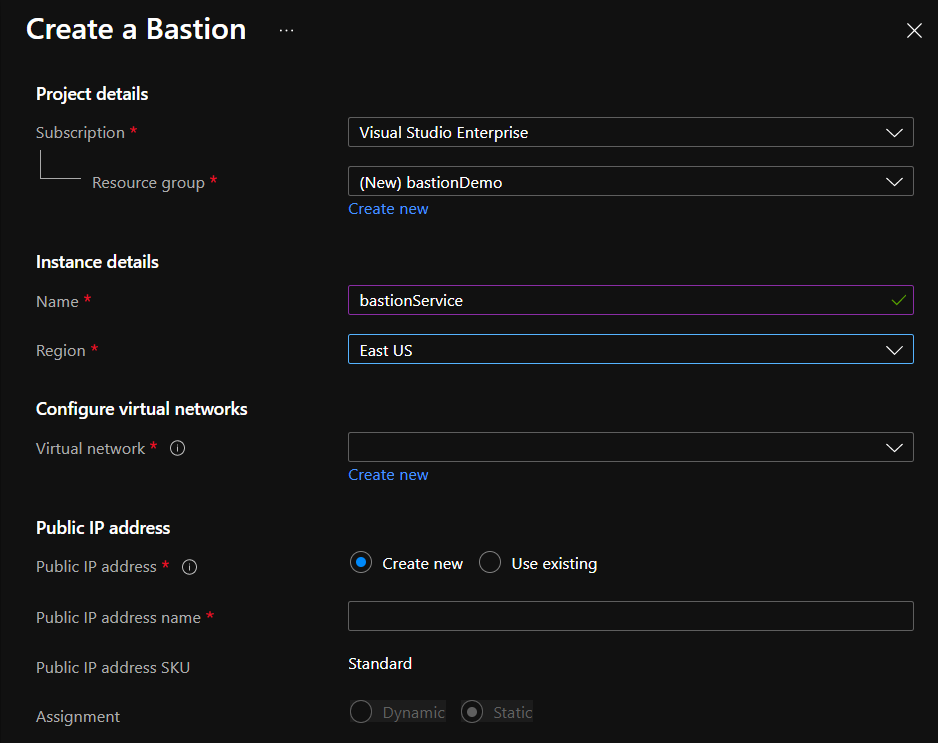 Creating an Azure bastion host in the Azure portal